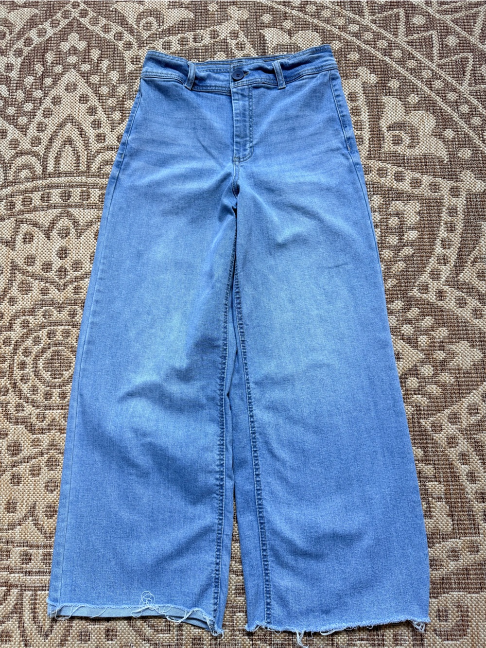 OAT New York Jeans 2 / 26 Blue Wide Leg High Rise Light Wash Raw Hem 27.5 X 28